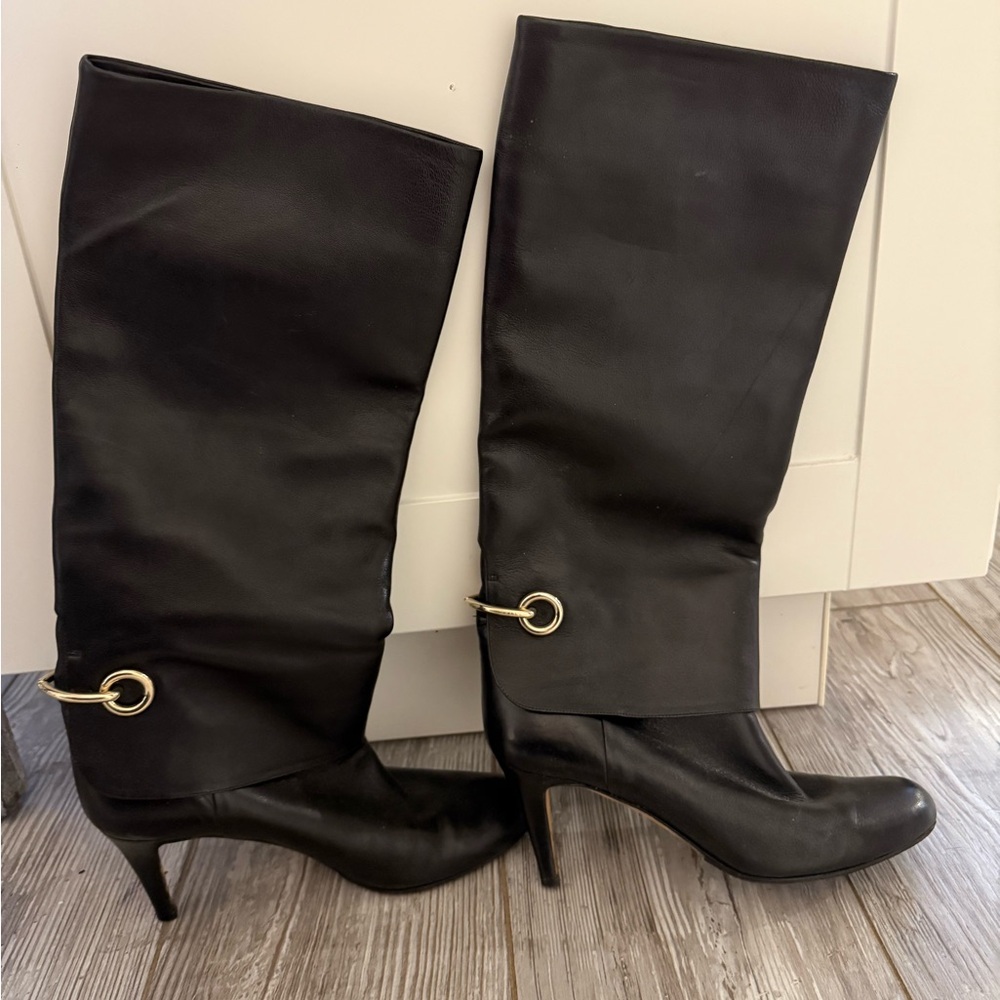 Bally Black Heeled Boots with Gold Accent